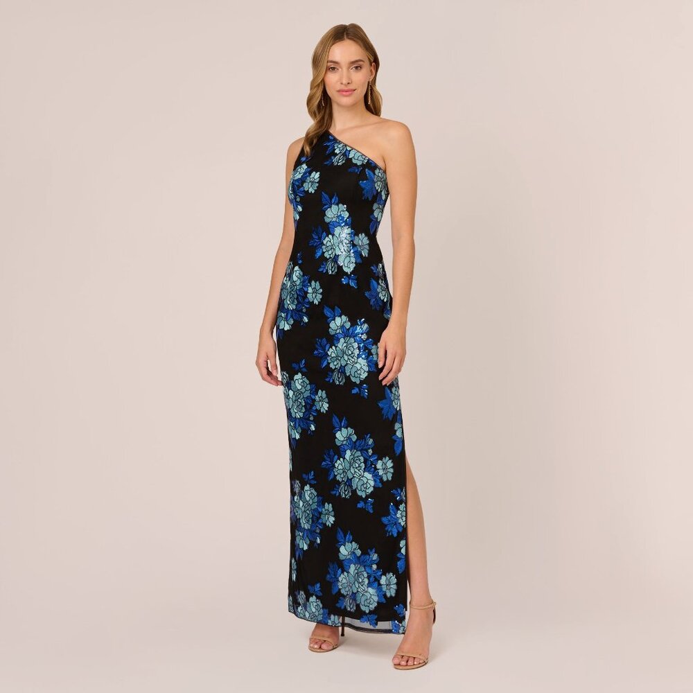 Adrianna Papell Floral Sequin One Shoulder Column Gown In Black Blue Multi Size